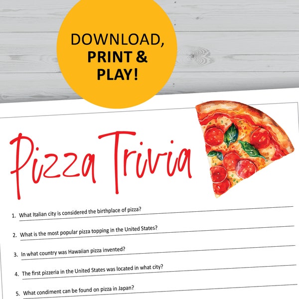 Pizza trivia game, printable, instant download, party games, questions quiz