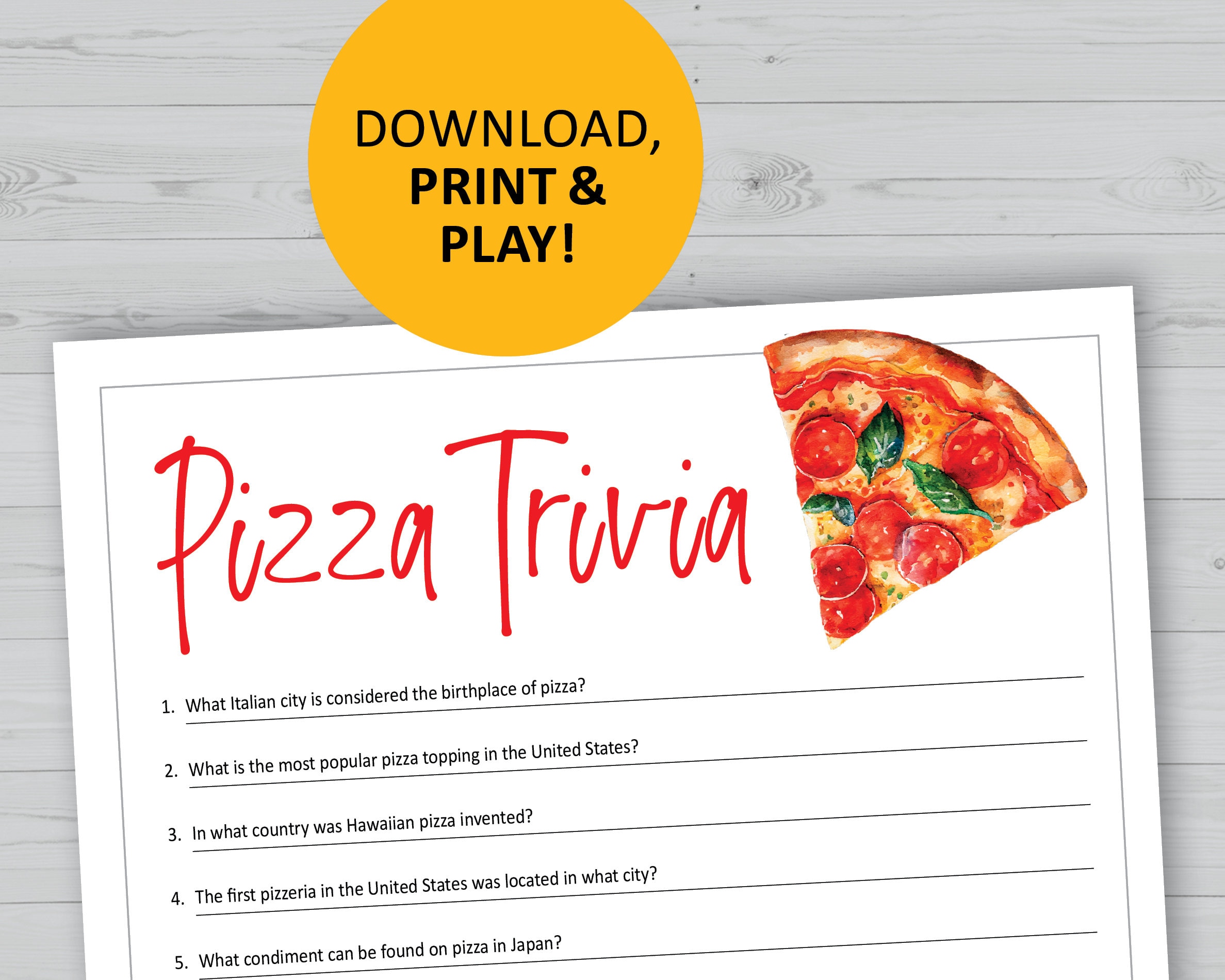 Pizza trivia game, printable, instant download, party games, questions quiz