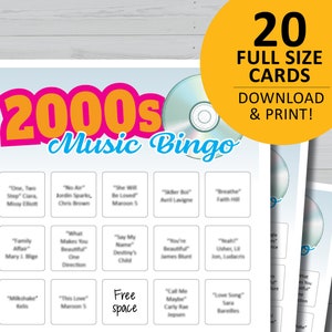 Tableros de bingo musical de la década de 2000, juego imprimible de la década de 2000, descarga instantánea, juegos de fiesta, noche familiar, canciones retrospectivas 2000-2010