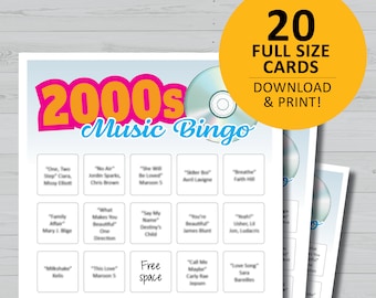 2000s music bingo boards, 00s printable game, instant download, party games, family night, throwback songs 2000-2010