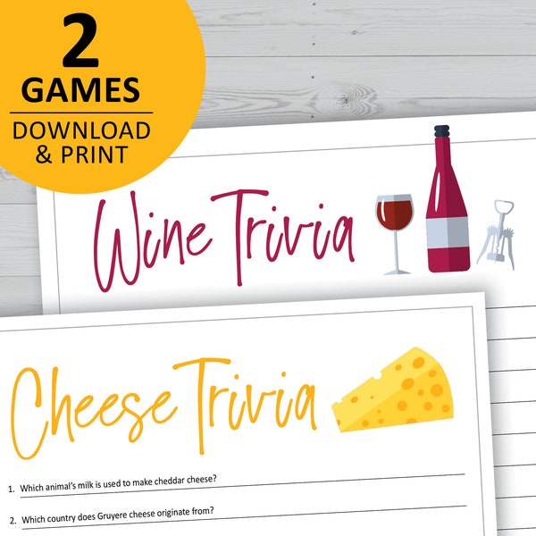 Wine and cheese trivia games, printable game, instant download, party questions quiz