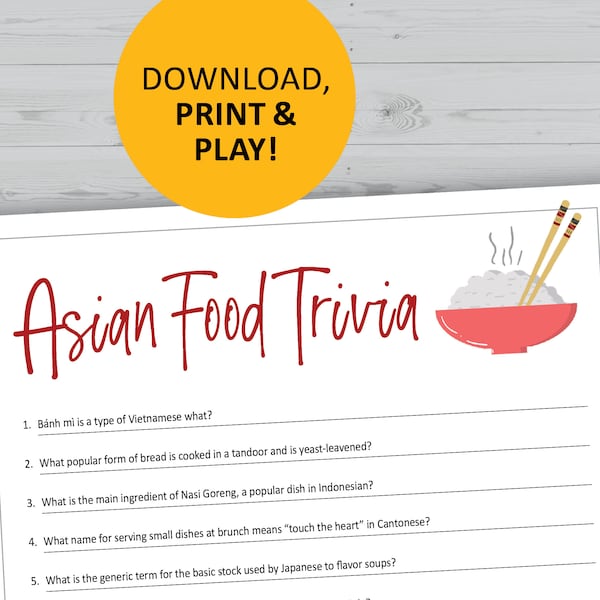 Asian food trivia game, printable, instant download, foodie party games, questions quiz