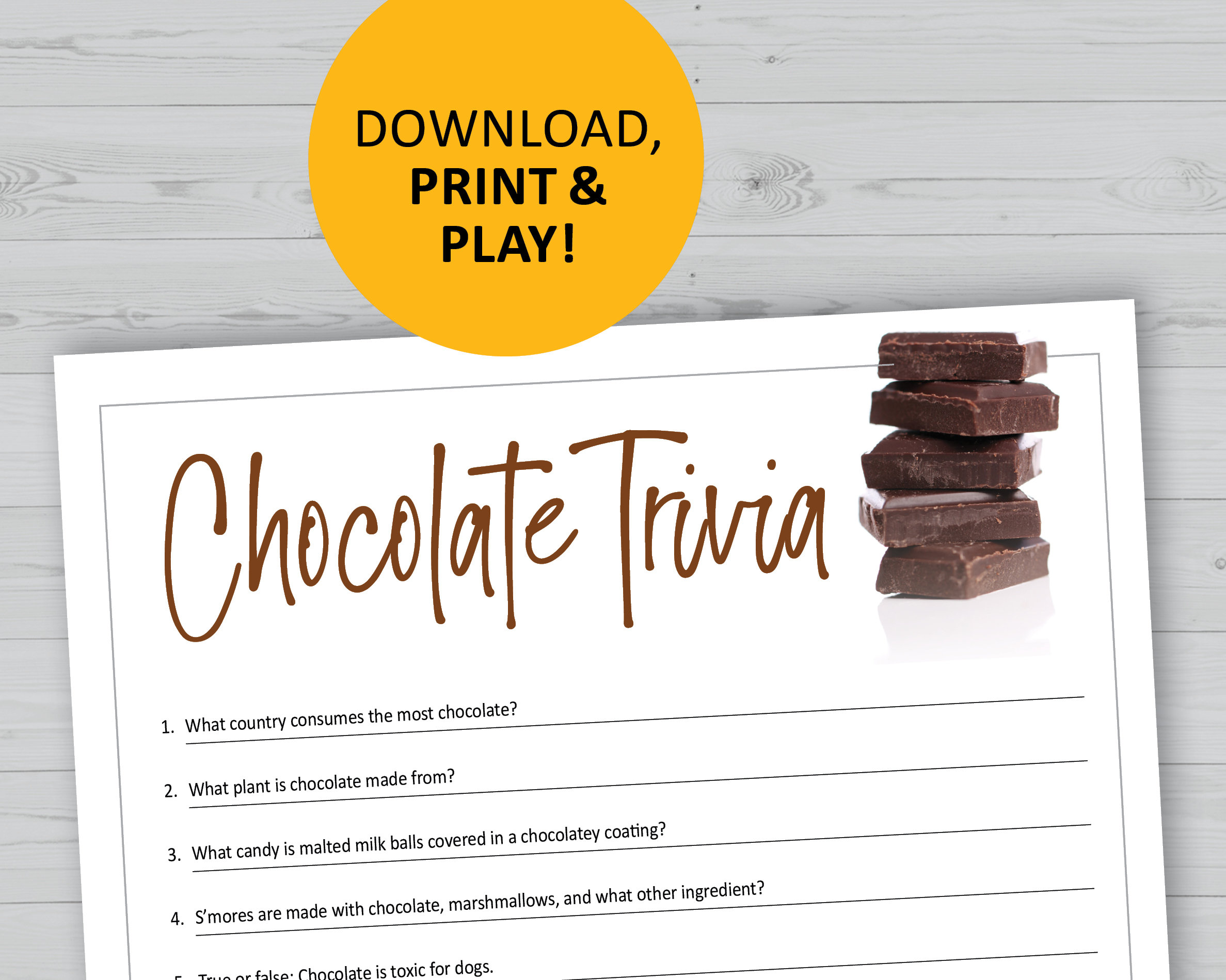 Chocolate Trivia Game, Candy Printable, Instant Download, Sweets Party