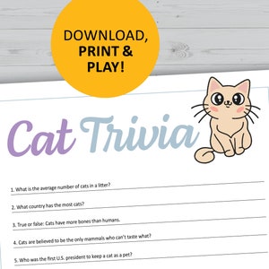 Cat trivia printable game, animal lover, cats instant download, family night