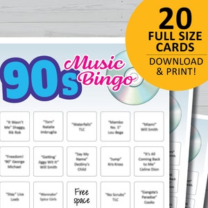 Tableros de bingo musical de los años 90, juego imprimible de los años 90, descarga instantánea, juegos de fiesta, noche familiar, canciones retro