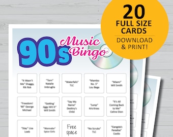 90s music bingo boards, 1990s printable game, instant download, party games, family night, throwback songs