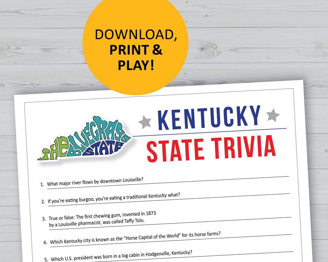 Kentucky Trivia Game, Printable, U.S. State Instant Download, Family