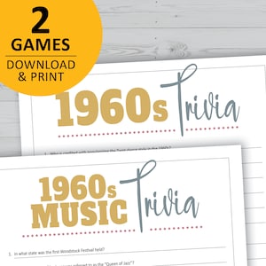 1960s trivia game bundle, 60s history, music, pop culture printable games, instant download