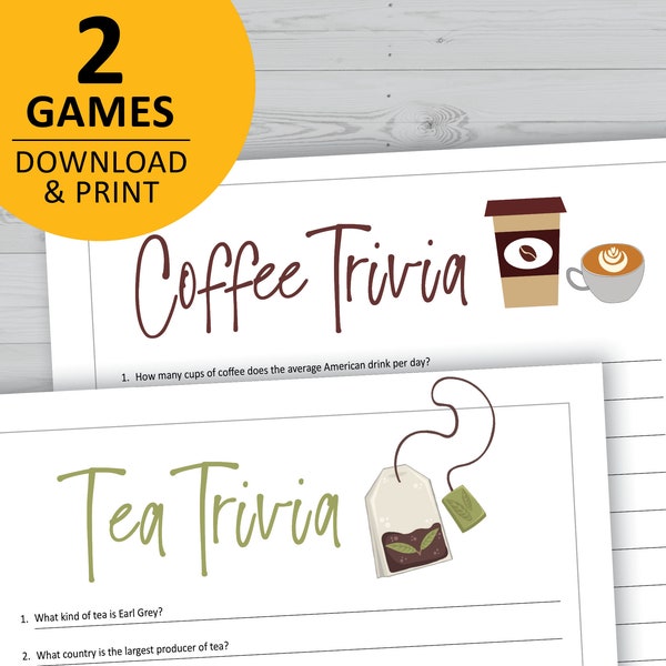 Coffee and Tea trivia game bundle, printable games, instant download, office party, family night questions