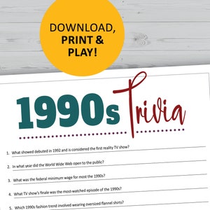 1990s Trivia Game, 90s History, Pop Culture Printable Games, Instant ...