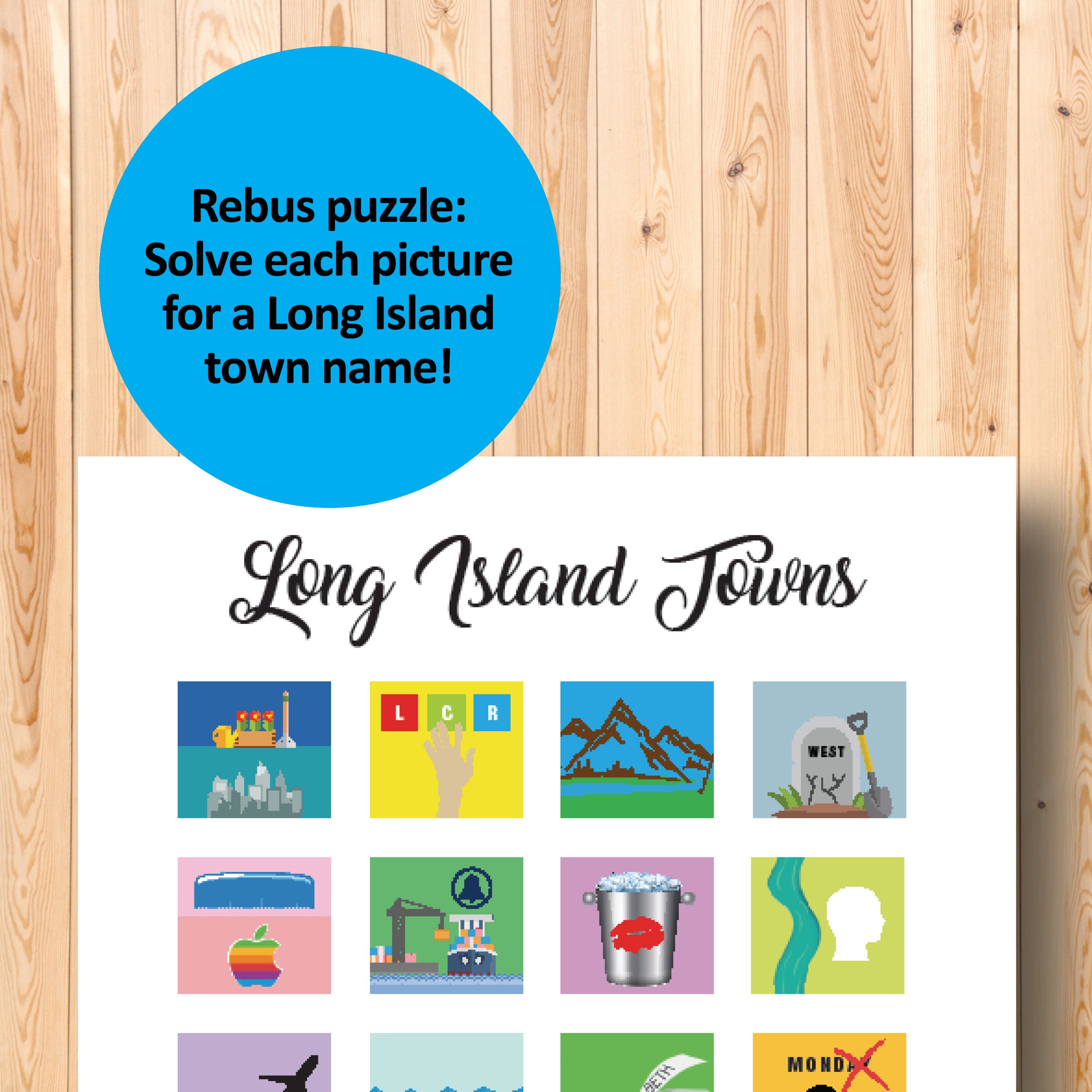Long Island town names rebus puzzle card pictogram puzzle Etsy