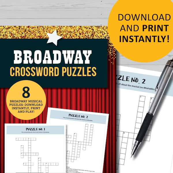 Broadway crossword puzzles, party game printable, instant digital download, musical theater games, theatre fan gifts