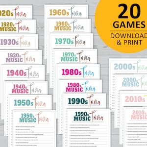 Decades trivia bundle, printable games, music, pop culture, party instant download, 20s, 30s, 40s, 50s, 60s, 70s, 80s, 90s, 00s, 10s