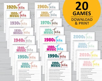 Decades trivia bundle, printable games, music, pop culture, party instant download, 20s, 30s, 40s, 50s, 60s, 70s, 80s, 90s, 00s, 10s