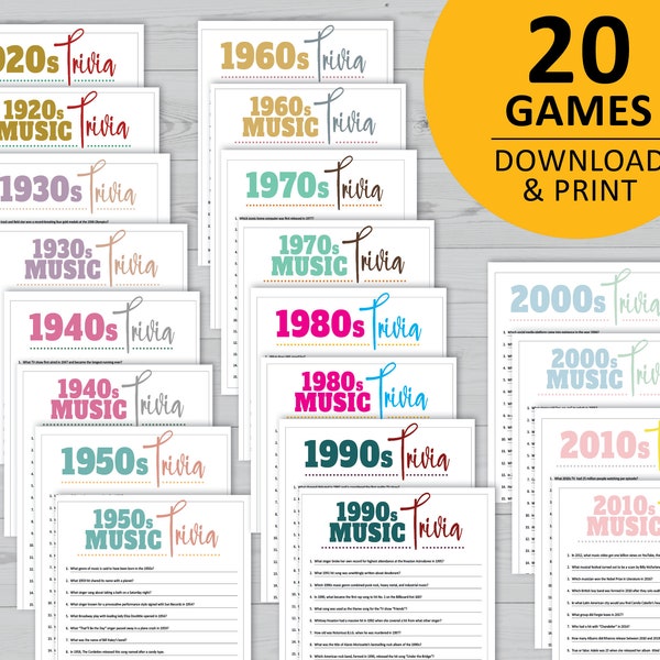 Decades trivia bundle, printable games, music, pop culture, party instant download, 20s, 30s, 40s, 50s, 60s, 70s, 80s, 90s, 00s, 10s