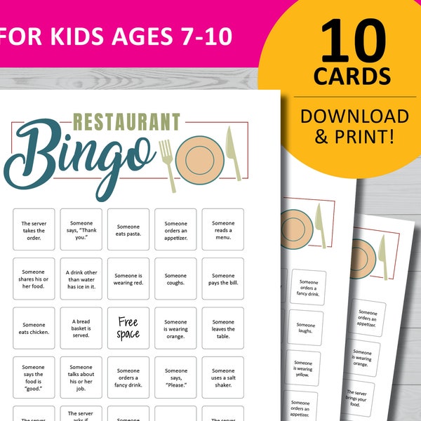 Kids table bingo game, restaurant activity, printable dinner games, kid activities, family night