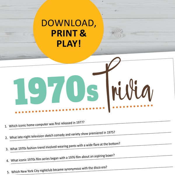 1970s trivia game, 70s history, pop culture printable games, instant download, decades