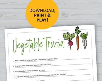 Vegetable trivia game, veggies printable, instant download, vegetarian party games, questions quiz