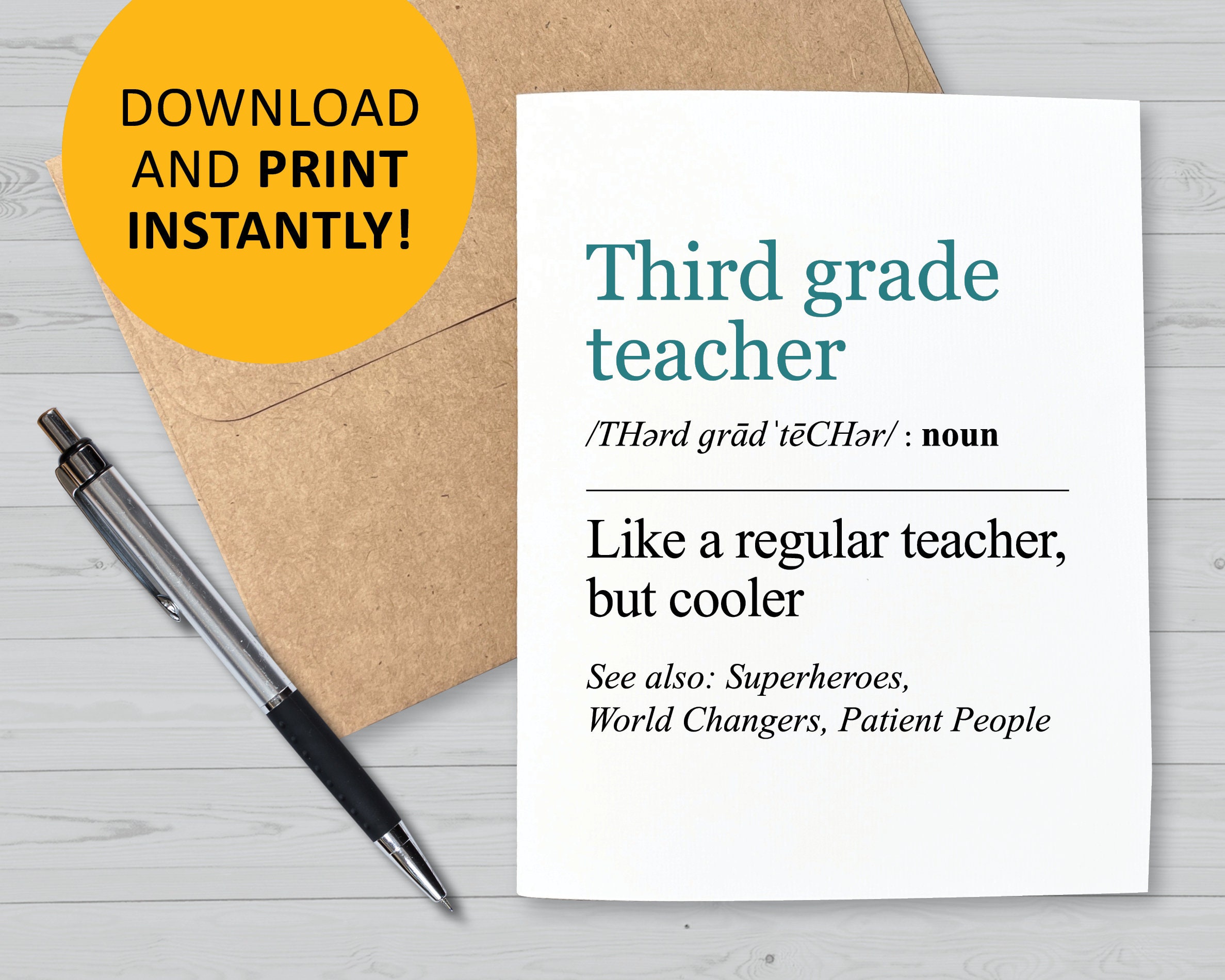 Third grade teacher card printable, funny 3rd teachers appreciation, back  to school, cards from students, kids