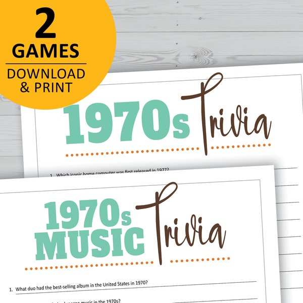 1970s trivia game bundle, 70s history, music, pop culture printable games, instant download