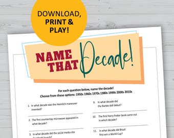 Juego de trivia sobre el nombre de esa década, historia, cultura pop, juegos imprimibles, descarga instantánea