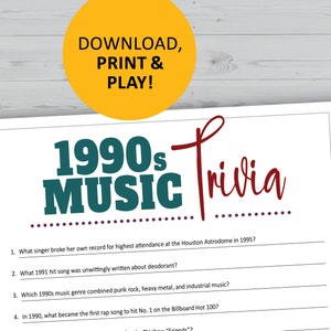 1990s music trivia game, 90s history, pop culture printable games, instant download