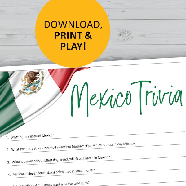 Mexico trivia game, Mexican history questions printable, instant download, dinner party, pop culture