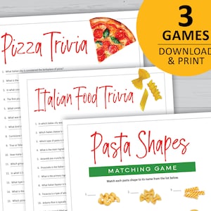 Italian food game bundle, trivia printable, pasta matching game, pizza party, instant download