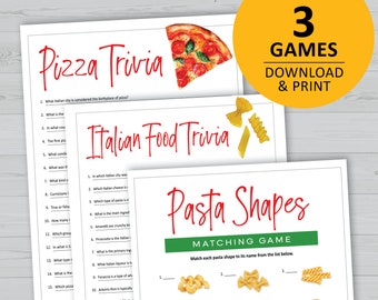 Italian food game bundle, trivia printable, pasta matching game, pizza party, instant download