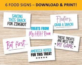 Big Brother food signs, TV show watch party printable labels, decorations, digital download decor