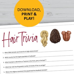 Hair trivia game, hairstyle printable party games, instant download, questions quiz