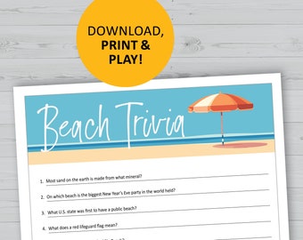 Beach trivia game printable, instant download, party games, questions quiz