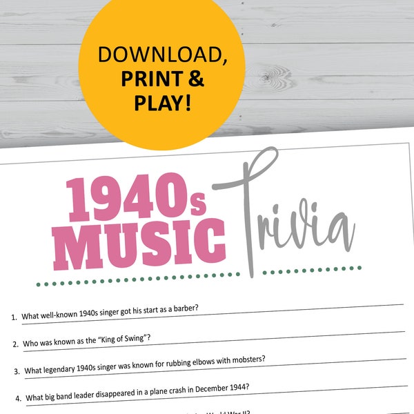 1940s music trivia game, 40s history, pop culture printable games, instant download