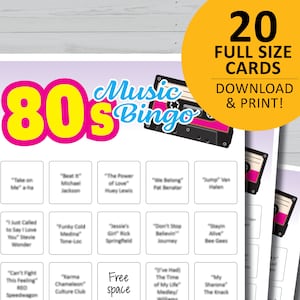 Planches de bingo de musique des années 80, jeu imprimable des années 1980, téléchargement instantané, jeux de société, soirée en famille, chansons de retour