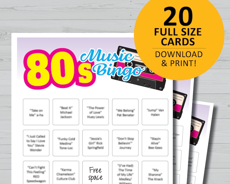 Puede incluir: Un juego de cartas de bingo musical de los 80 imprimible con 20 cartas de tama&ntilde;o completo. Las cartas presentan un dise&ntilde;o de cinta de casete y una lista de canciones populares de los 80, que incluyen "Take on Me", "Beat It", "The Power of Love", "We Belong", "Jump", "Just Called to Say I Love You", "Funky Cold Medina", "Jessie's Girl", "Don't Stop Believin'", "Stayin' Alive", "Can't Fight This Feeling", "Karma Chameleon", "I've Had the Time of My Life" y "My Sharona".