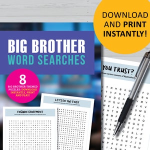 Big Brother TV-Show-Spiel, Wortsuche, Uhrenparty zum ausdrucken, sofortiger digitaler Download, Julie Chen-Fangeschenke, Partys ansehen