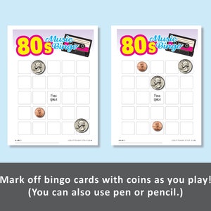 Puede incluir: Dos tarjetas de bingo de m&uacute;sica de los 80 imprimibles con un gr&aacute;fico de casete. Cada tarjeta tiene un espacio libre y 24 casillas para marcar con monedas. El texto "80s Music Bingo" est&aacute; en la parte superior de cada tarjeta.