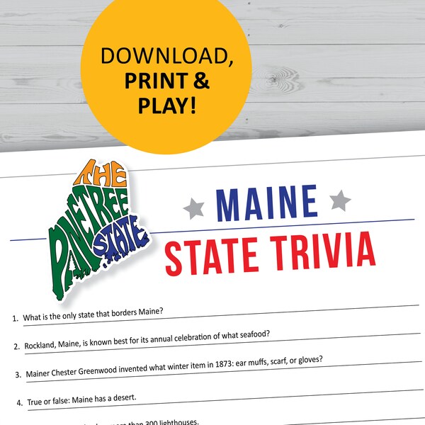 Maine trivia game, printable, U.S. state instant download, family games night, office party questions