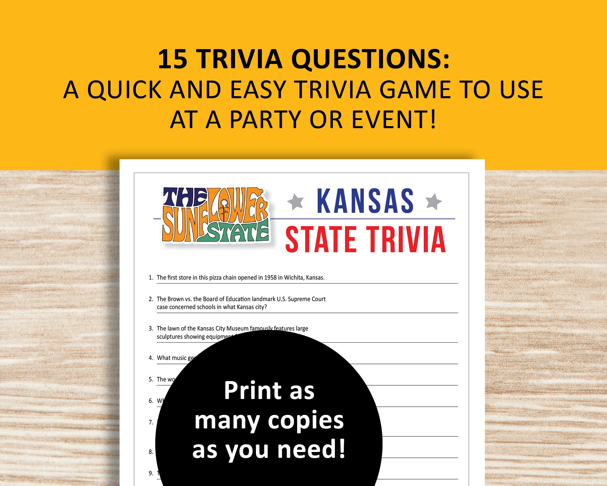 Kansas Trivia Game, Printable, U.S. State Instant Download, Family ...