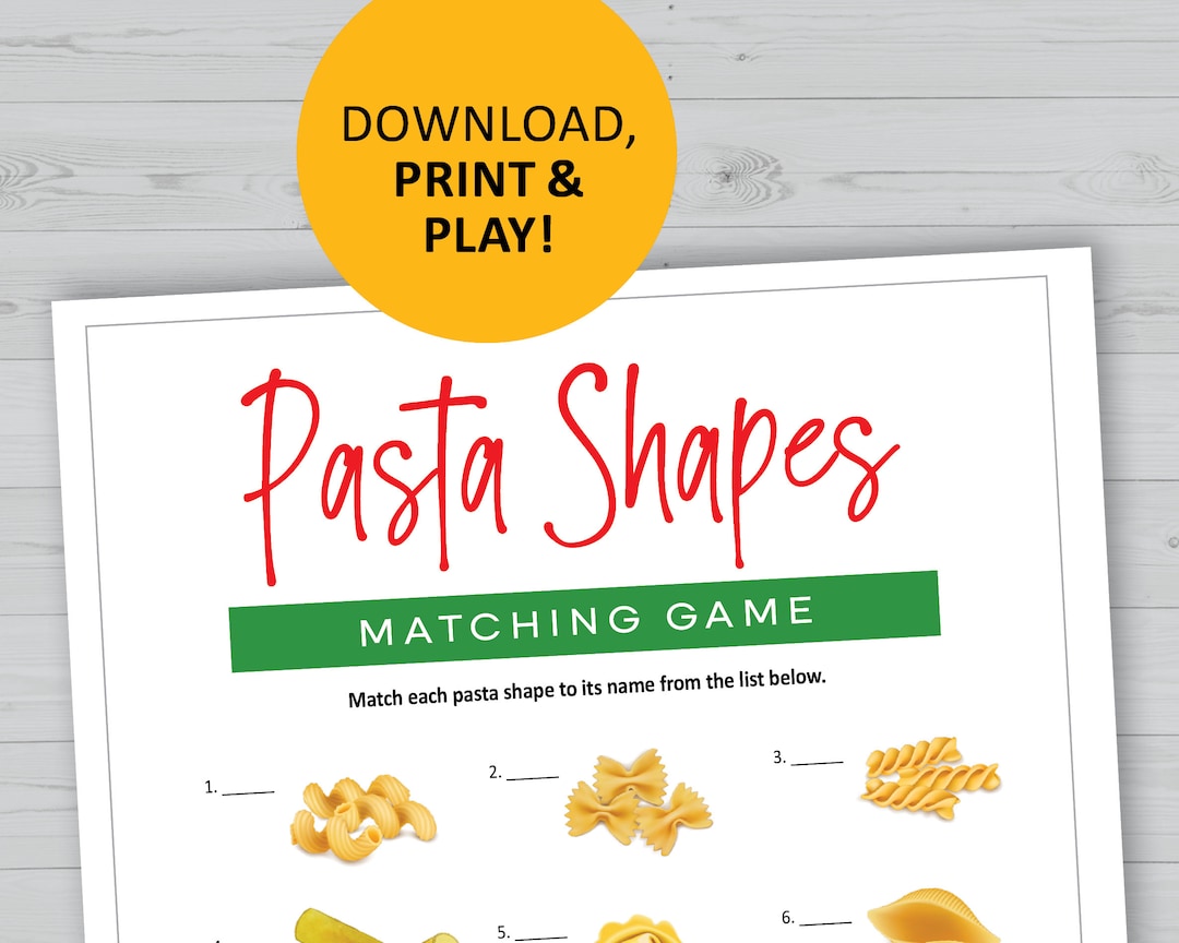 Pasta Shape Game, Matching Printable, Italian Cooking, Instant Download