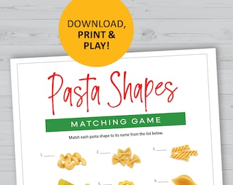 Pasta shape game, matching printable, Italian cooking, instant download, dinner party, pasta types