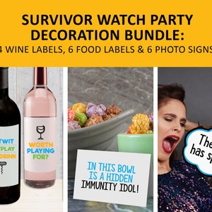 Survivor party decor bundle, tv show printable food signs, photo booth decorations, wine labels, watch party decor