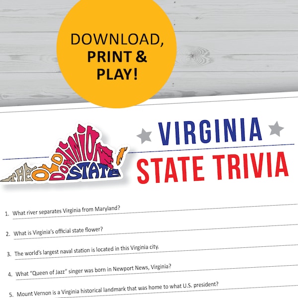 Virginia trivia game, printable, U.S. state instant download, family games night, office party questions