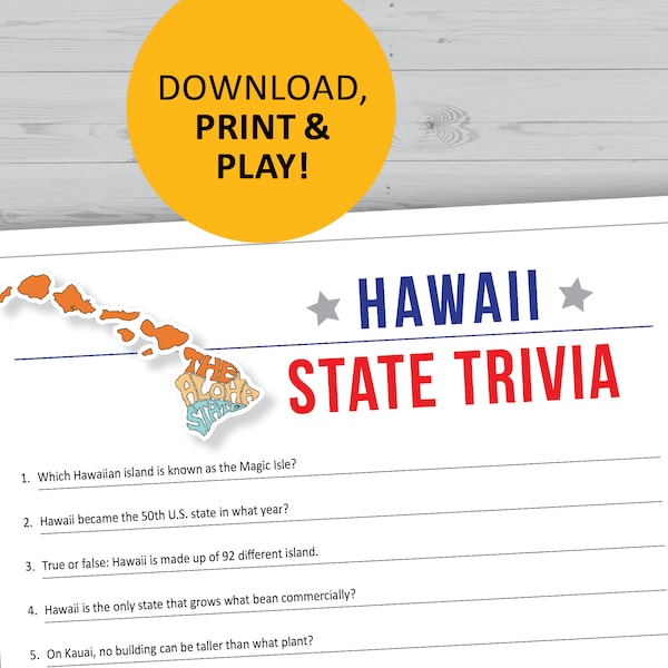 Hawaii trivia game, printable, U.S. state instant download, family games night, office party questions