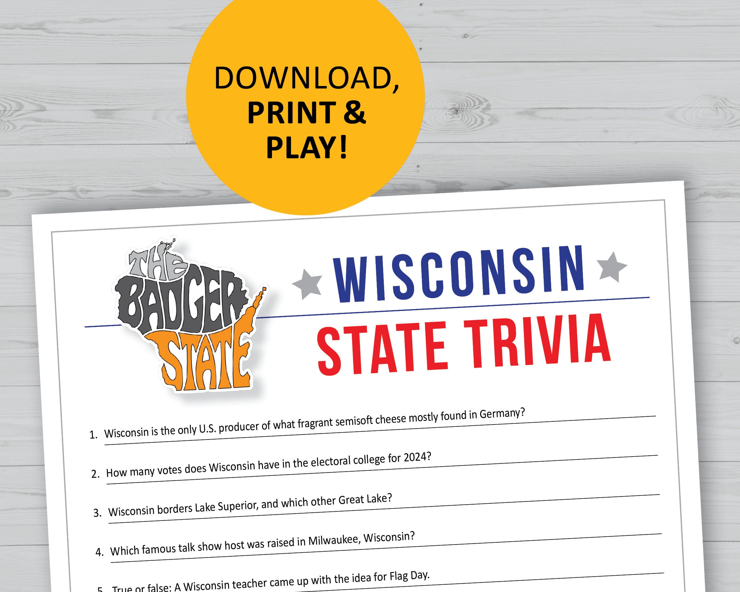 Wisconsin Trivia Game, Printable, U.S. State Instant Download, Family Games Night, Office Party