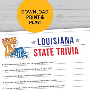 Gioco a quiz sulla Louisiana, stampabile, download immediato dello stato degli Stati Uniti, serata giochi in famiglia, domande per feste in ufficio