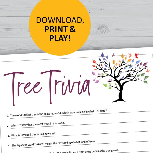 Tree trivia game, nature printable, instant download, party games, questions quiz