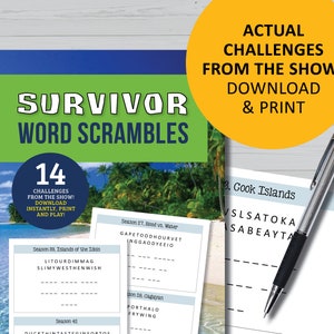 Survivor tv show game, word scrambles, watch party printable, challenges from the show instant digital download, viewing parties