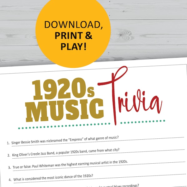 1920s music trivia game, 20s history, pop culture printable games, instant download