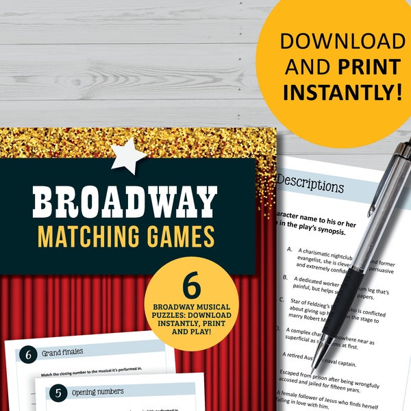 Broadway printable games, matching game, instant digital download, musical theater, theatre fan gifts